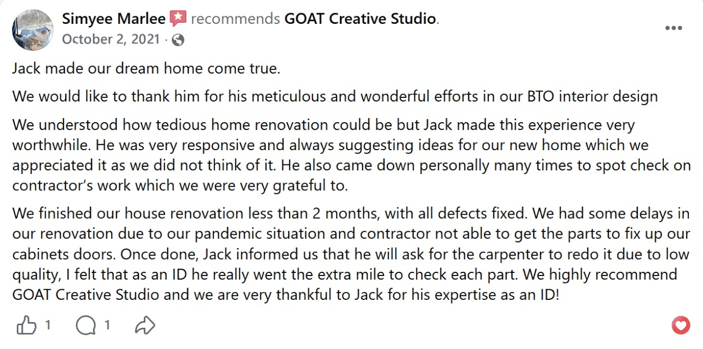 Simyee Marlee Facebook recommendation for GOAT Creative Studio